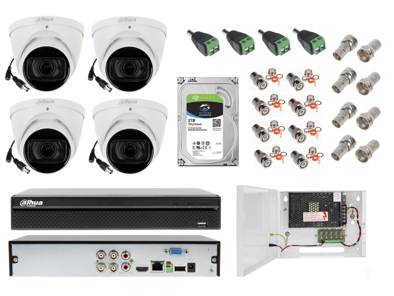ZESTAW DO MONITORINGU Dahua 4x kamera nocna Motozoom HAC-HDW1400T-Z-A-2712, 4 Mpx, promiennik na 60 metrów, mikrofon