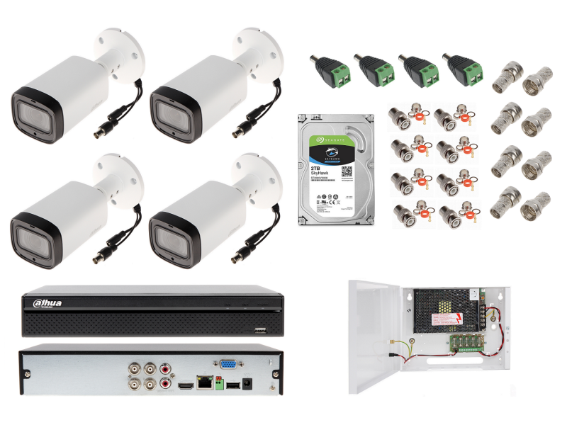 ZESTAW DO MONITORINGU Dahua 4x kamera nocna Motozoom HAC-HFW1500R-Z-IRE6-A-2712, 5 Mpx, promiennik na 60 metrów, mikrofon