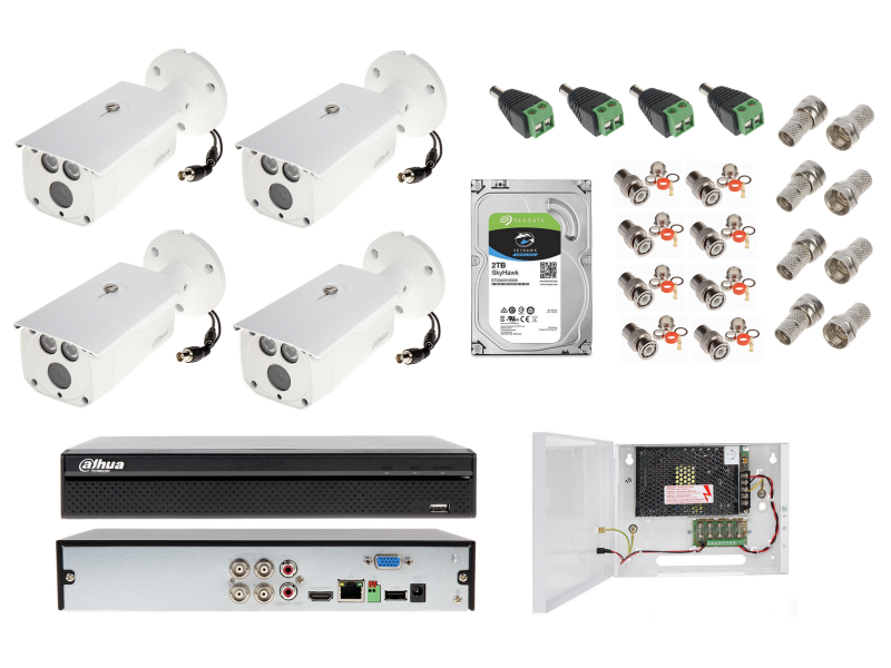 ZESTAW DO MONITORINGU Dahua 4x kamera nocna zewnętrzna HAC-HFW1801D-0360B, 8 Mpx, promiennik na 80 metrów