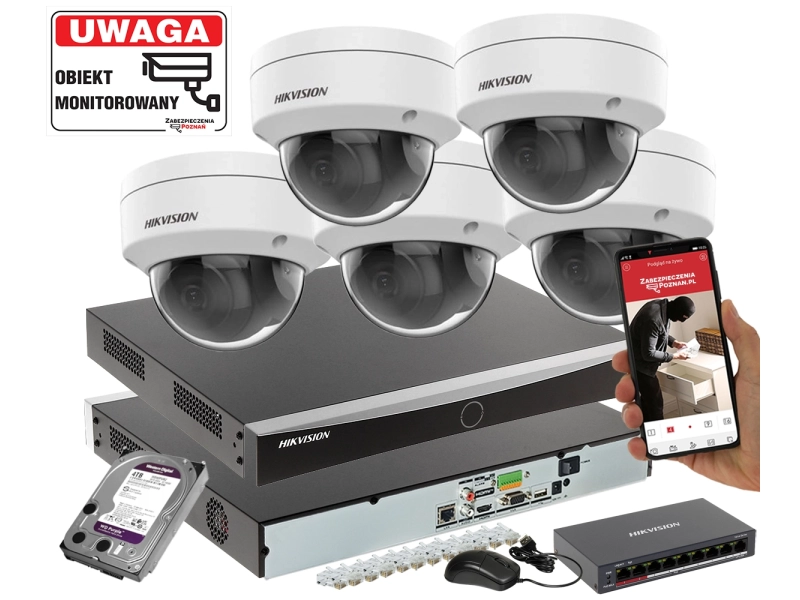 Inteligentny zestaw 5 kamer Hikviision DS-2CD2186G2-I 8MPx Rejestrator Analityka Acusense Switch PoE 4TB