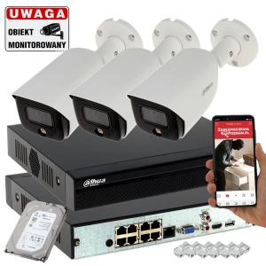 Monitoring 3 kamery z rejestratorem 5MPx Dahua IPC-HFW3549E-AS-LED-0280B FullColor Analityka Mikrofon PoE