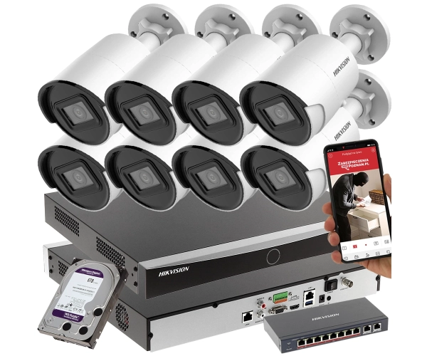 Monitoring sklepu zestaw 8 kamer HIKVISION DS-2CD2043G2-I Pełna Analityka Acusense 4Mpx + Switch PoE