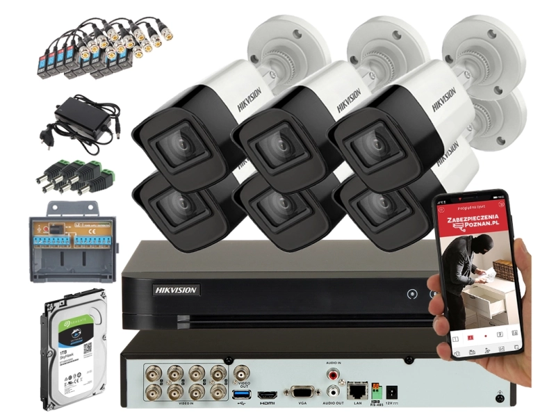 Zestaw 6 kamer do monitoringu zewnętrznego Hikvision DS-2CE17H0T-IT3F(C) 2.8 mm 5 MPx TurboHD Acusense