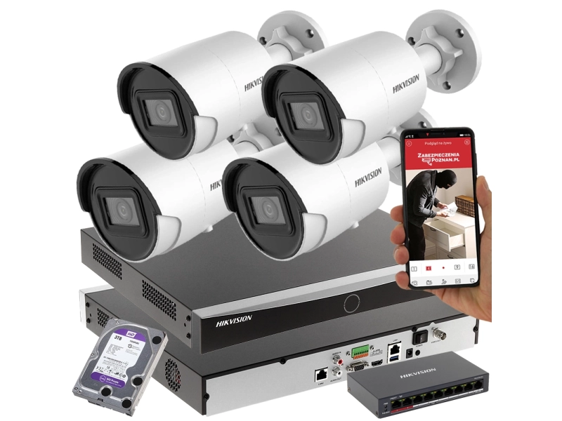 Zestaw monitoringu 4 kamery HIKVISION DS-2CD2043G2-I Pełna Analityka Acusense 4Mpx + Switch PoE