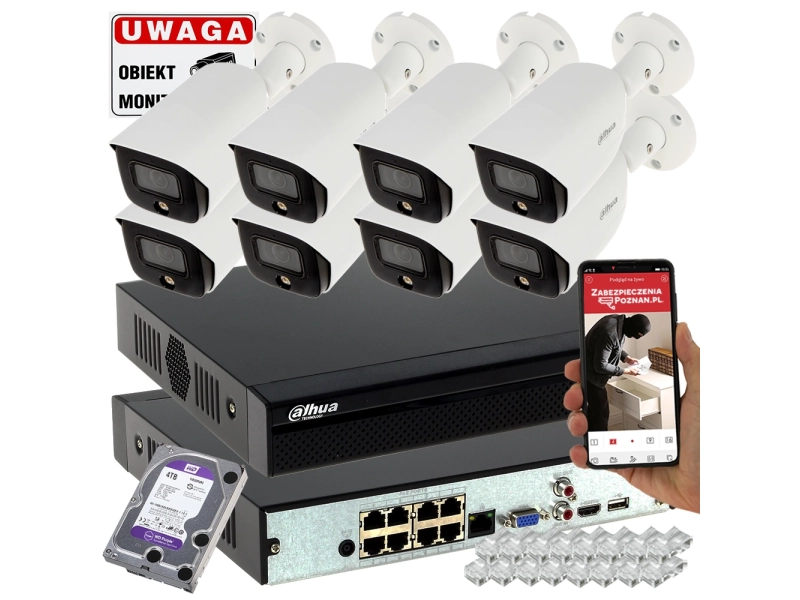 Zestaw monitoringu IP firmy 8 kamer 5MPx Dahua IPC-HFW3549E-AS-LED-0280B kolorowy obraz w nocy, filtrowanie fałszywych alarmów