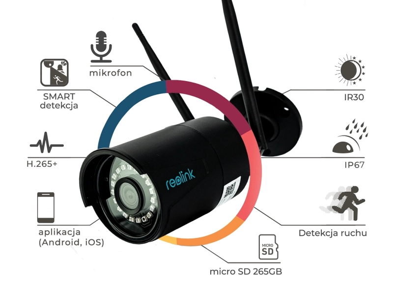 Czarna kamera WiFi Reolink RLC-410W AI 4mpx Smart Detekcja Mikrofon MicroSD