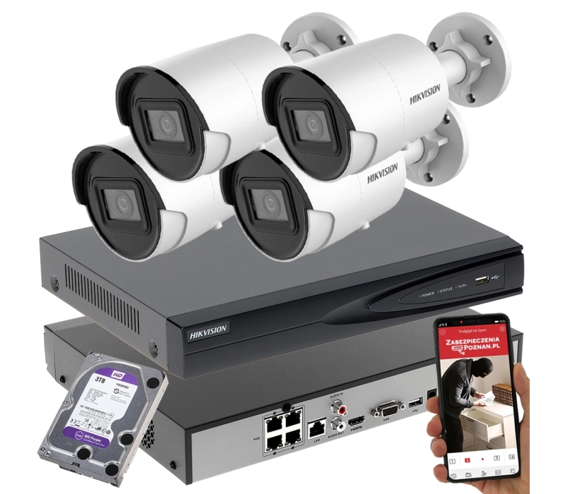 Monitoring zewnętrzny zestaw 4 kamer Hikvision IP DS-2CD2086G2-I(2.8MM)(C) ACUSENSE DARKFIGHTER 8Mpx PoE