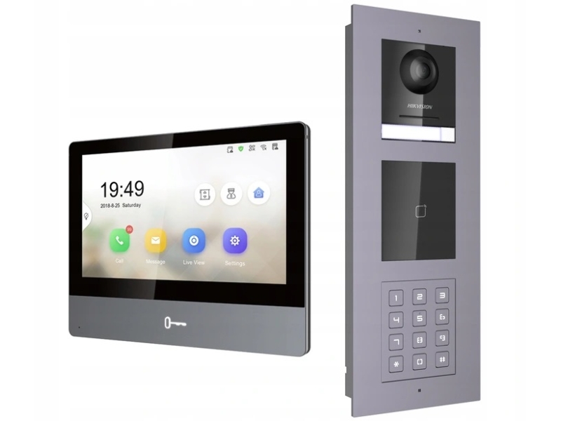 Zestaw wideodomofonowy IP Hikvision: Monitor 7" LCD DS-KH8350-WTE1 + panel zewnętrzny z kamerą , szyfratorem i czytnikiem zbliżeniowym