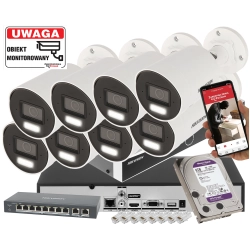 Zestaw monitoringu na 8 kamer HIKVISION DS-2CD2083G2-LI2U 8Mpx Analityka Filtrowanie Acusense Oświetlacz LED + IR + Switch PoE