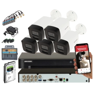 Zestaw monitoringu firmy 5 kamer Hikvision DS-2CE17K0T-LFS 2.8 mm 5 MPx Smart Hybrid Light Acusense