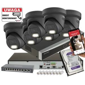 Mocny zestaw 6x Kamera kopułowa DS-2CD2387G3-LIS2UY/SL BLACK 8Mpx AcuSense 3.0, ColorVu 3.0 Smart Hybrid Light 2-Mikrofony 4TB