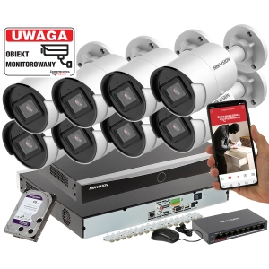 Monitoring HIKVISION 8 kamer DS-2CD2083G2-I 8mpx Analityka Filtrowanie Acusense + Switch PoE