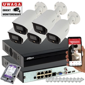 Monitoring działki na 5 kamer 5MPx Dahua IPC-HFW3549E-AS-LED-0280B FullColor Analityka Mikrofon PoE