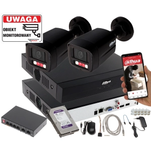 Monitoring 2 kamery Dahua IPC-HFW1439TL1-A-IL-Black Smart Dual Light + Rejestrator + Dysk 1TB + Switch PoE