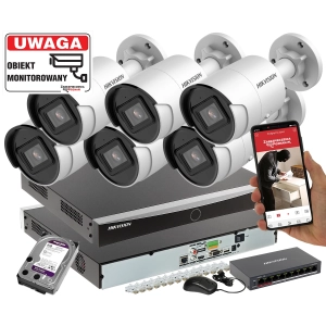 Monitoring HIKVISION 6 kamer DS-2CD2083G2-I 8mpx Analityka Filtrowanie Acusense + Switch PoE