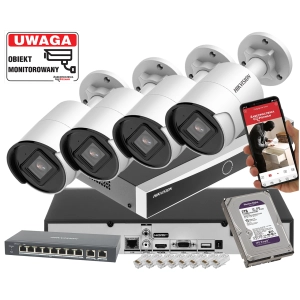 Mocny zestaw monitoringu IP Hikvision 4x kamera tubowa DS-2CD2043G2-I Filtrowanie fałszywych alarmów Detekcja Ruchu 4Mpx PoE