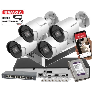 Mocny zestaw monitoringu IP 4x DS-2CD2083G2-IU 8Mpx Inteligentna detekcja ruchu Acusense PoE