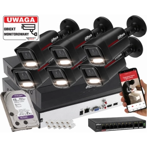 Profesjonalny system 6 kamer IP Dahua IPC-HFW2849TL-S-LED-0280B-PRO-BLACK 8MPx WizSense WizColor SMD PLUS Oświetlacz LED do 50m 6TB