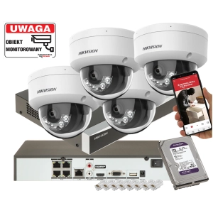 Mocny zestaw monitoringu na 4 kamery IP kopułowe Hikvision DS-2CD1183G2-LIUF 8Mpx do słabo oświetlonych miejsc z detekcja Ruchu