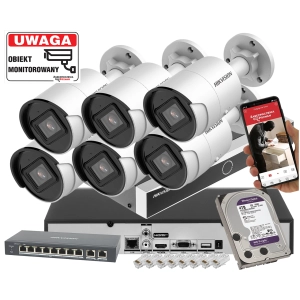 System monitoringu IP 6 kamera DS-2CD2086G2-IU 8Mpx Pełna Analityka Acusense DarkFighter PoE