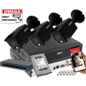 Zestaw monitoringu 3x kamera IP 6MPx Dahua IPC-HFW1639TC-A-IL-0280B-S6 BLACK Smart Dual Light Detekcja Ludzi