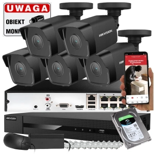 Monitoring domu na zewnątrz 5 czarnych kamer IP Hikvision IPCAM-B4 4MPx POE