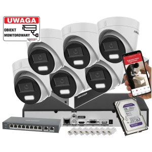 System monitoringu na 6 kamer IP (podbitka) HIKVISION DS-2CD1343G2-LIUF/SL 4MP z rejestratorem Acusense Aktywne odstraszanie 4TB