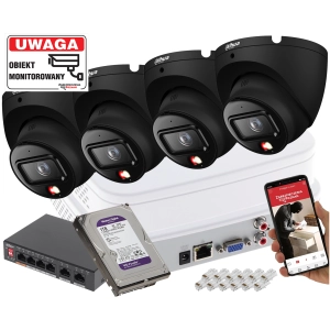 System monitoringu ogrodu 4x kamera IP Dahua IPC-HDW1839T-A-IL-0280B-S6 BLACK 8Mpx SMD człowiek + Smart Dual Light + Full-Color