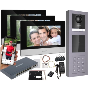 TOP ZESTAW od HIKVISION wideodomofon IP Modułowy NATYNK Stacja Bramowa z KAMERĄ 2Mpx SZYFRATOREM I CZYTNIKIEM KART 3 DOTYKOWE MONITORY