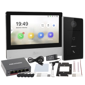 Wideodomofon Hikvision zestaw IP DS-KH8350-WTE1 + DS-KV6133-WME1/SU Kamera 2Mpx z szerokim kątem widzenia ok. 129° Czytnik Zbliżeniowy + Breloki