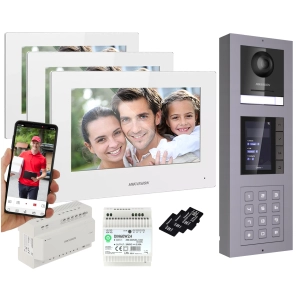 MODUŁOWY Wideodomofon HIKVISION 2-żyłowy 3 DOTYKOWE MONITORY STACJA NATYNKOWA z KAMERĄ 2Mpx Podświetlanym SZYFRATOREM i WYŚWIETLACZEM LOKATORÓW