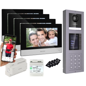 Wielomieszkaniowy Wideodomofon HIKVISION 2-żyłowy 4x Monitor, Modułowa STACJA NATYNKOWA z KAMERĄ 2Mpx Podświetlanym SZYFRATOREM i WYŚWIETLACZEM LOKATO
