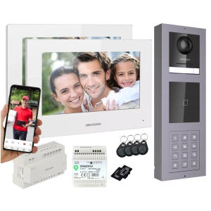 Wideodomofon 2-żyłowy Hikvision 2 Monitory Stacja Bramowa z KAMERĄ 2Mpx Podświetlanym SZYFRATOREM I CZYTNIKIEM KART ŻBLIŻENIOWYM