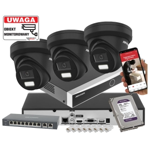 Zestaw 3 kamera kopułowa IP DS-2CD2363G2-LI2U(BLACK) 6Mpx AcuSense Smart Hybrid Light 2-Mikrofony