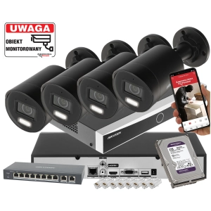 Mocny zestaw 4 zewnętrznych kamer IP 4K Hikvision IP DS-2CD2086G2H-IU BLACK 8Mpx Filtrowanie Fałszywych Alarmów przy słabym oświetleniu PoE