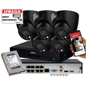 Zestaw monitoringu posesji 5 kopułowcyh kamer IP Dahua IPC-HDW1439V-A-IL-BLACK 4MPx z Podwójnym Oświetlaczem i Detekcja ludzi