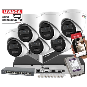 System monitoringu 6x kopułowa kamera IP Hikvision DS-2CD1367G3-LIU 6Mpx ColorVu, Smart Hybrid Light, Detekcja ruchu MD 3.0