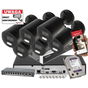 Monitoring Premium 6 kamer zewnętrznych IP 4K Hikvision IP DS-2CD2086G2H-IU BLACK 8Mpx Filtrowanie Fałszywych Alarmów przy słabym oświetleniu PoE