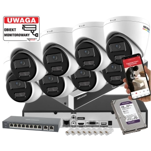 Duży zestaw kamer kopułowych IP Hikvision 8x DS-2CD1367G3-LIU 6Mpx ColorVu, Smart Hybrid Light, Detekcja ruchu MD 3.0