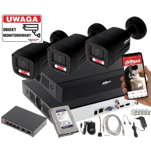Zestaw monitoringu domu 3 kamery IPC-HFW1439TL1-A-IL-Black Smart Dual Light + Rejestrator + Dysk + Switch PoE