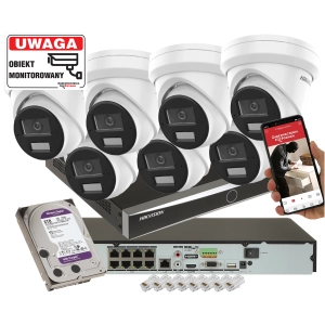 Mocny zestaw IP 7x kamera kopułowa IP Hikvision DS-2CD2363G2-LI2U 6Mpx AcuSense Smart Hybrid Light 2-Mikrofony