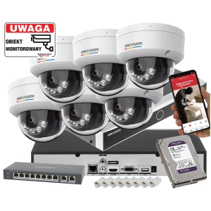 Zestaw kamer kopułowych do domu jednorodzinnego na podbitkę IP Hikvision 6x DS-2CD1147G2H-LIU 4Mpx Kolor 24/7, Smart Oświetlacze, Detekcja Ruchu