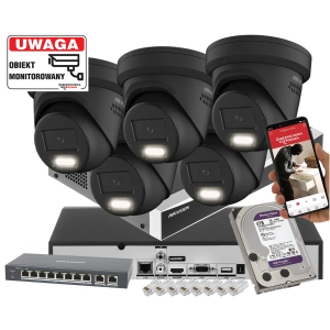 Zestaw IP 5x kamera kopułowa IP Hikvision DS-2CD2383G2-LI2U-BLACK 8Mpx AcuSense Smart Hybrid Light 2-Mikrofony