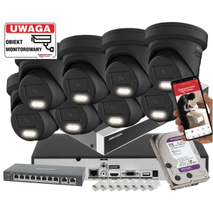Mocny zestaw 8 kamer IP  kopulowych Hikvision DS-2CD2383G2-LI2U-BLACK 8Mpx AcuSense Smart Hybrid Light 2-Mikrofony