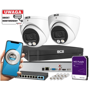 Zestaw monitoringu 2x Kamera kopułowa IP BCS-L-EIP15FCR3L3-Ai1 5MPx Dualny oświetlacz LED + IR Night Color,  Aplikacja Mikrofon PoE