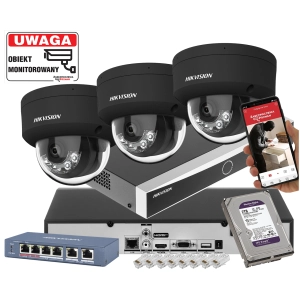 System monitoringu 3 kamer IP HIKVISION DS-2CD2163G2-LIS2U BLACK 6Mpx Filtrowanie Alarmów Acusense, Dualny oświetlacz Smart Hybri