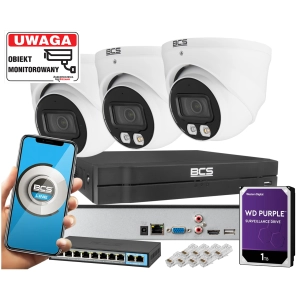 Zestaw monitoringu Biura 3x Kamera BCS-L-EIP14FSR3L3 4MPx Dualny oświetlacz LED + IR Skylight,  Aplikacja Mikrofon PoE
