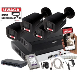 Zestaw 4 kamery IPC-HFW1439TL1-A-IL-Black Smart Dual Light + Rejestrator + Dysk + Switch PoE