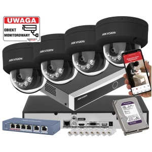 Zestaw monitoringu Domu 4 kopułowe kamery IP HIKVISION DS-2CD2163G2-LIS2U BLACK 6Mpx Filtrowanie Alarmów Acusense, Dualny oświetlacz Smart Hyb