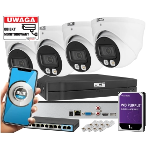 Zestaw monitoringu Domu 4x Kamera kopułowa BCS-L-EIP14FSR3L3 4MPx Dualny oświetlacz LED + IR Skylight,  Aplikacja Mikrofon PoE